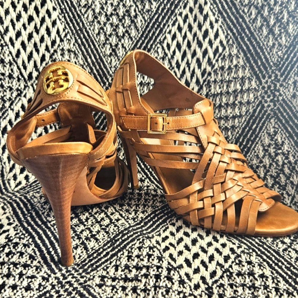 Tory Burch Nadia Brown Woven Leather Logo Detail Huarache Sandal heels size 7.5